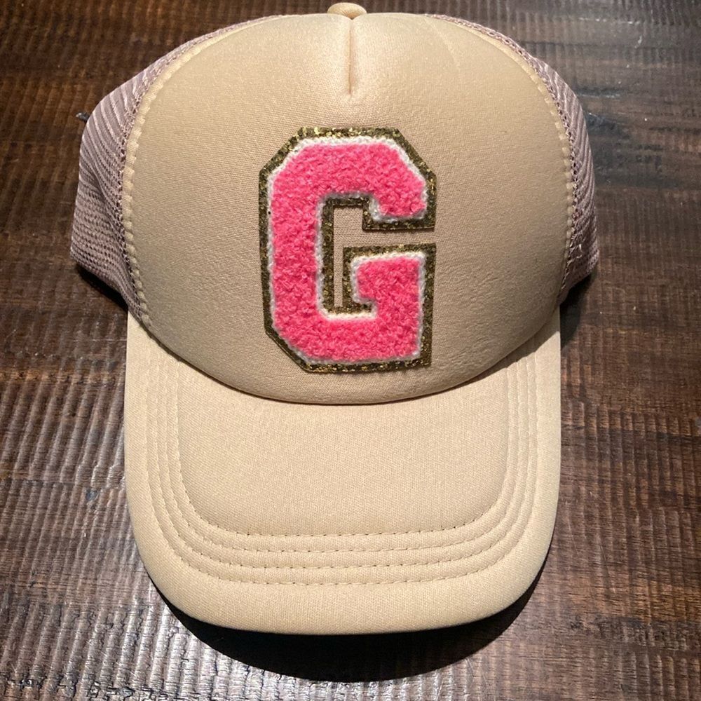 Ladies Trucker SnapBack Hat with chenille “G” tan and pink